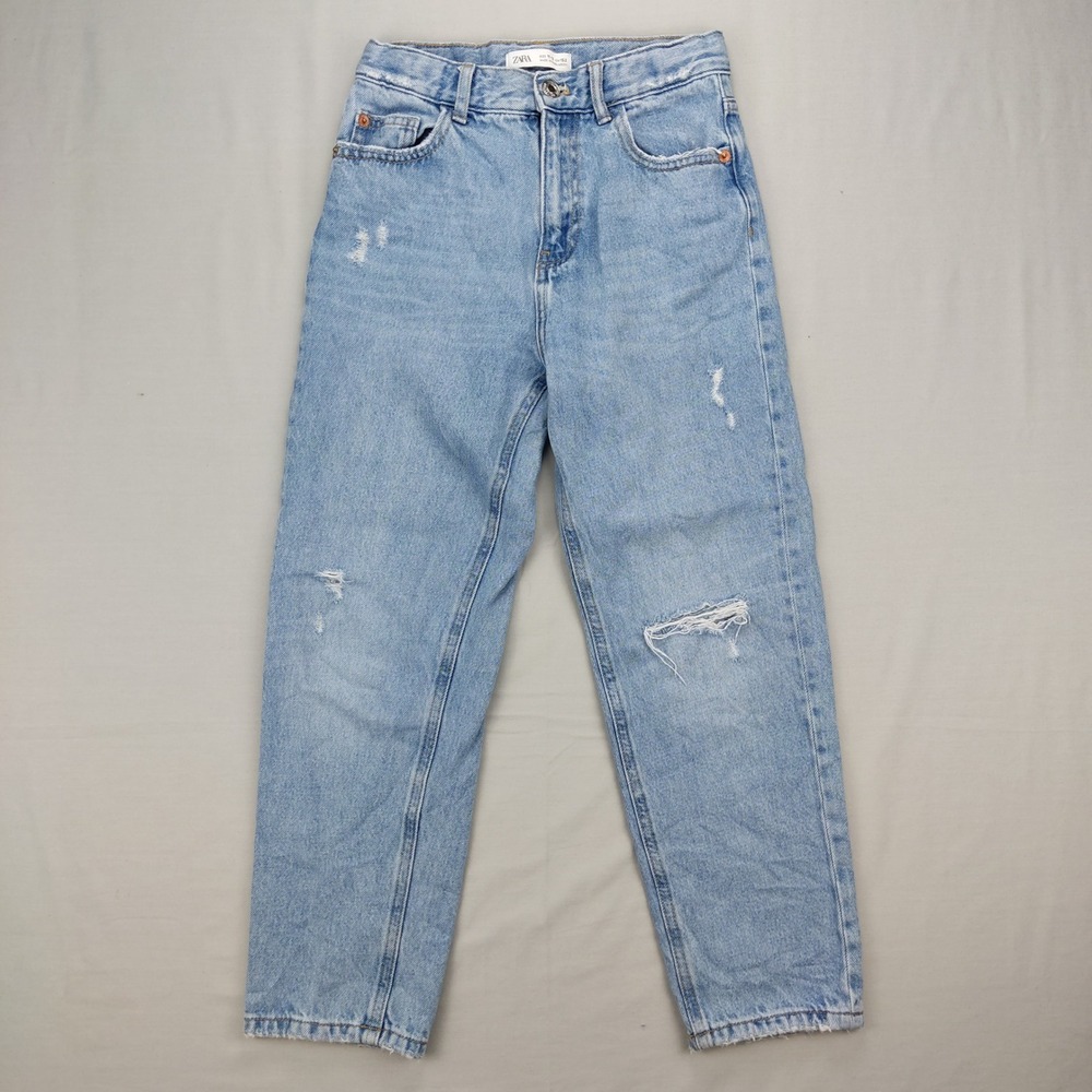 Zara Jeans Kids Size 11-12 Blue Distressed High Rise Straight Leg Denim